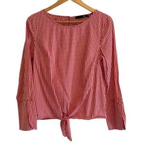 Max Jeans Women’s Blouse Medium Red White Gingham Check Long Sleeve Cotton Top